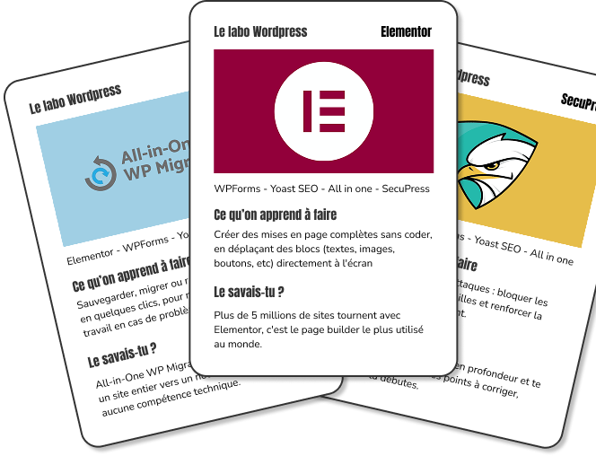 Trois cartes du jeu : Elementor, All in one, SecuPress